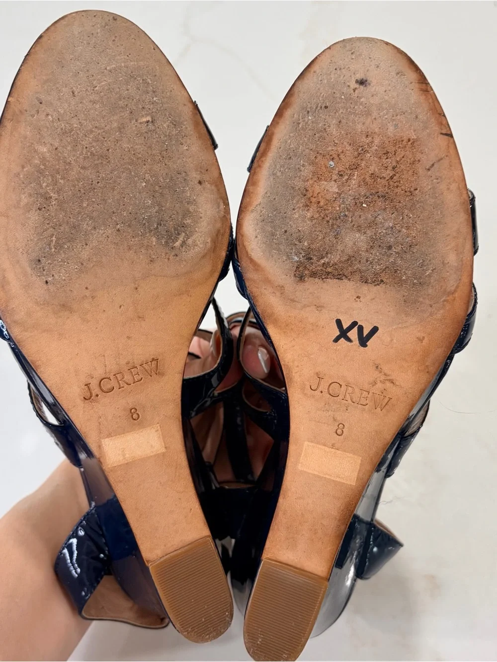 J. Crew Navy Patent Strappy Wedge Sandals